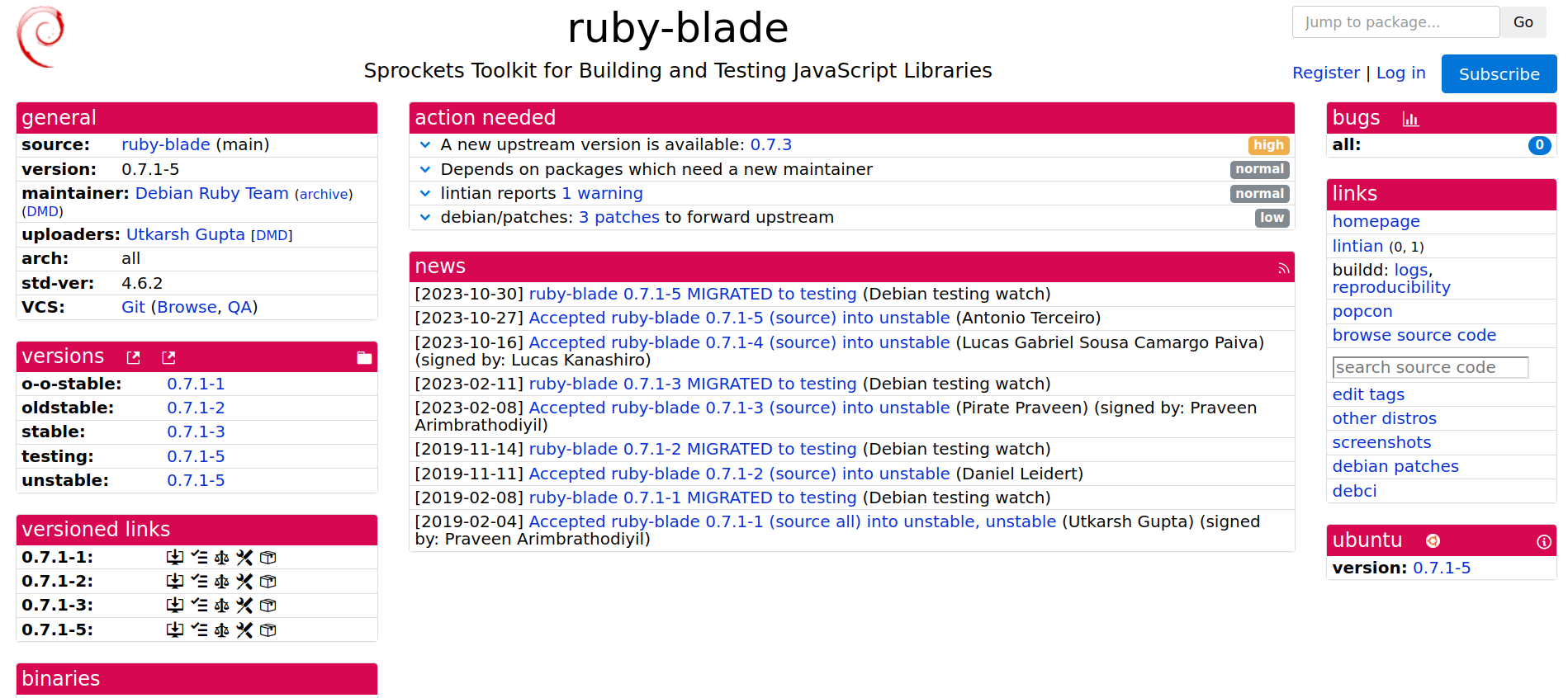 Figura 2 - Tracker do pacote ruby-blade.