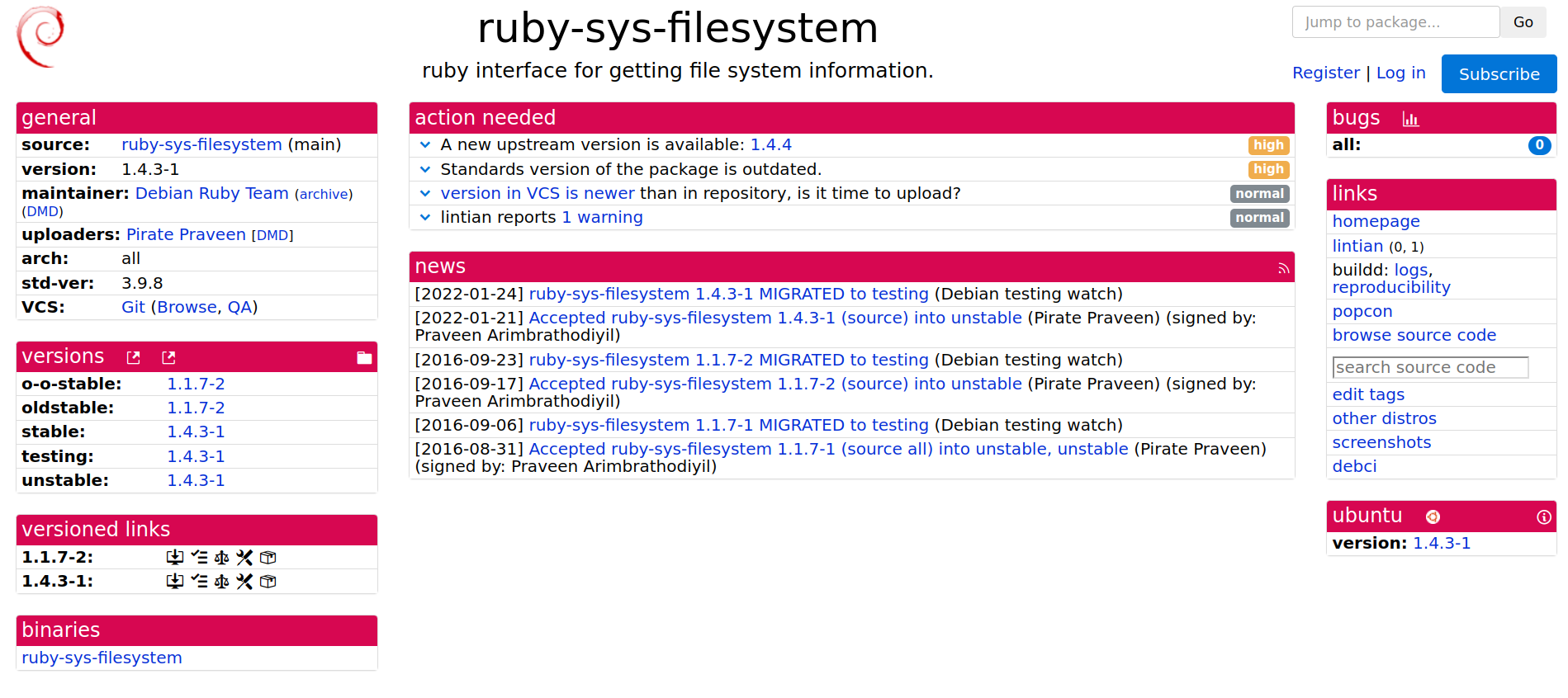 Figura 3 - Tracker do pacote ruby-blade.