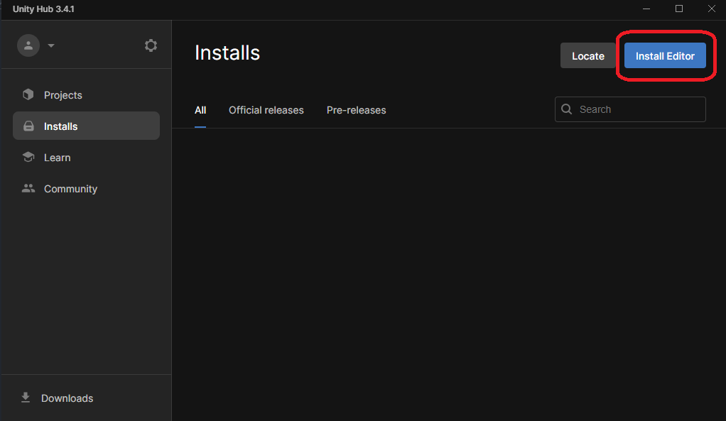 Install Editor no Unity Hub