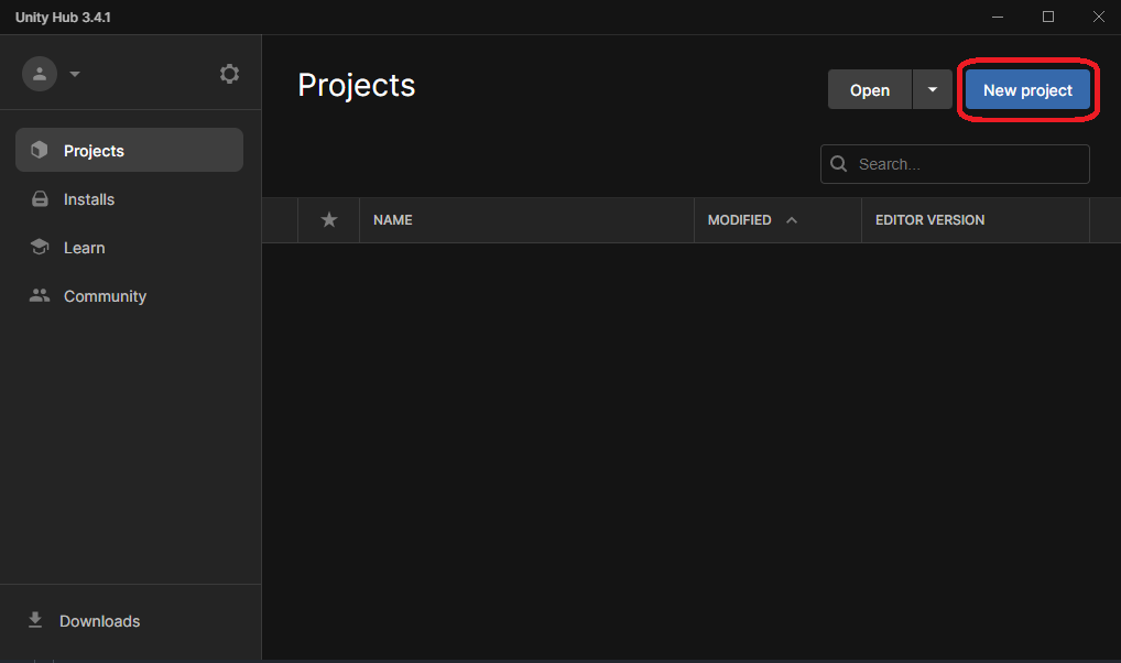 Tela de projetos do Unity Hub