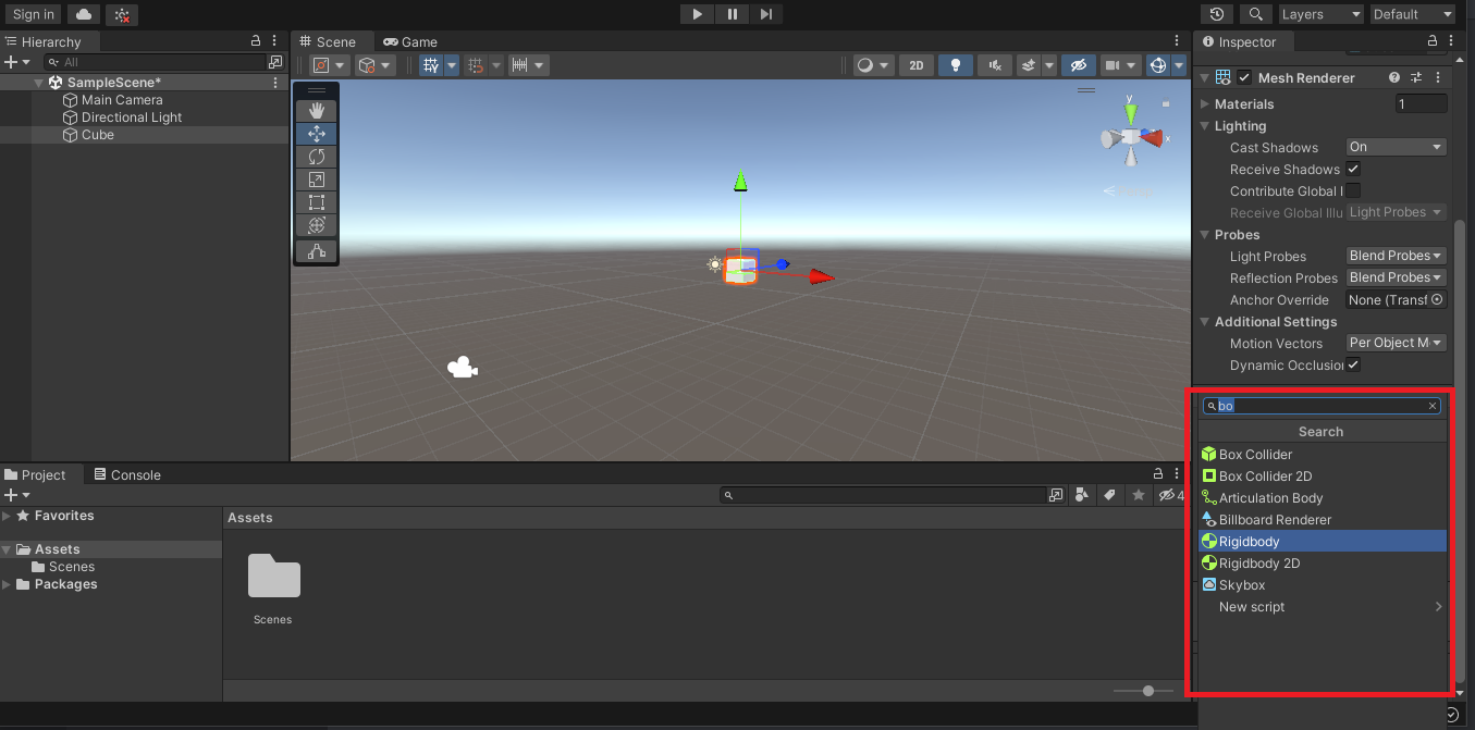 Selecionando o RigidBody para o cubo