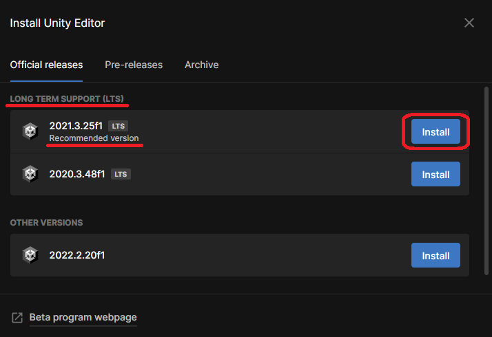 Seleção de versões para instalação