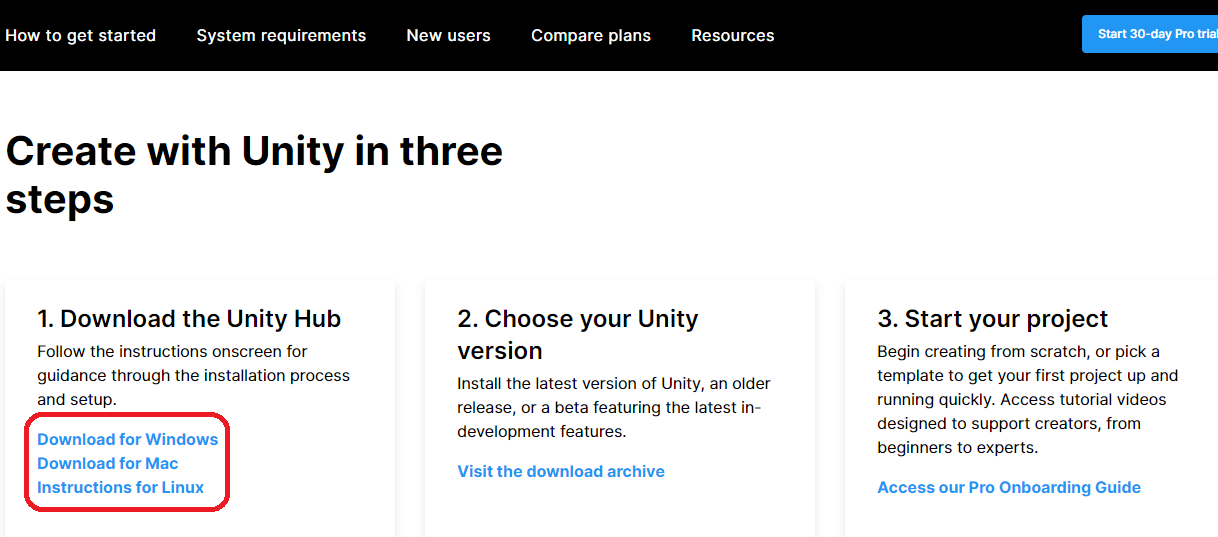 Página de instalação do Unity Hub, com os links de download de cada OS